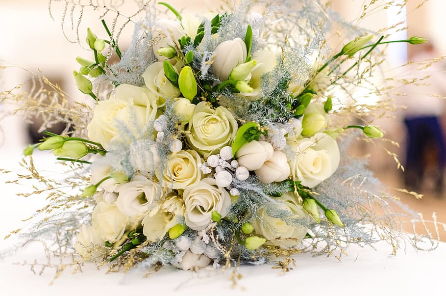 white Roses and white Lilies bouquet, wedding, flower, floral