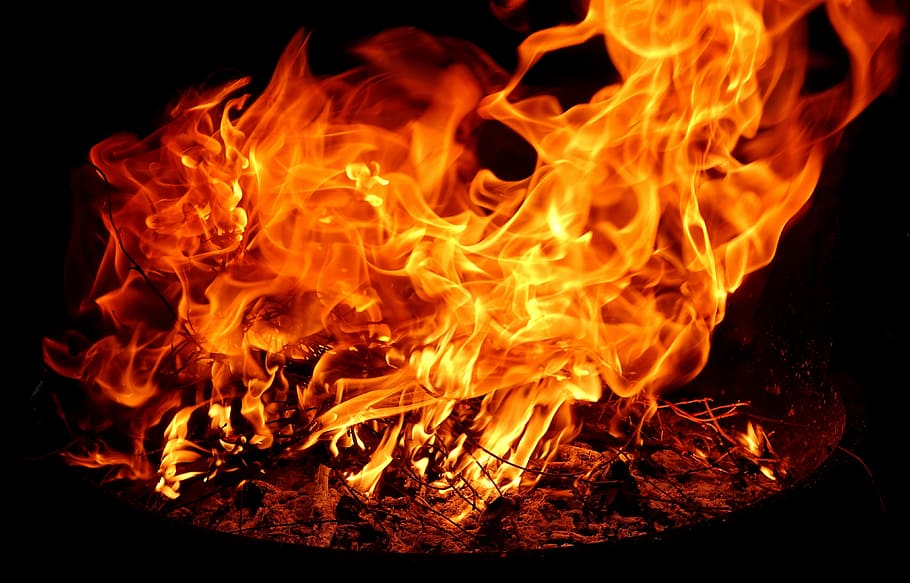 bonfire with fire burning, flame, carbon, hot, mood, campfire HD wallpaper