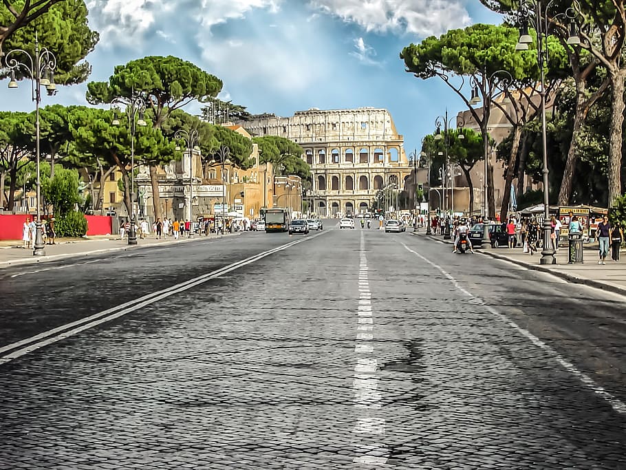 gray concrete road near Colosseum, rome, italy, landmark, ancient, HD wallpaper