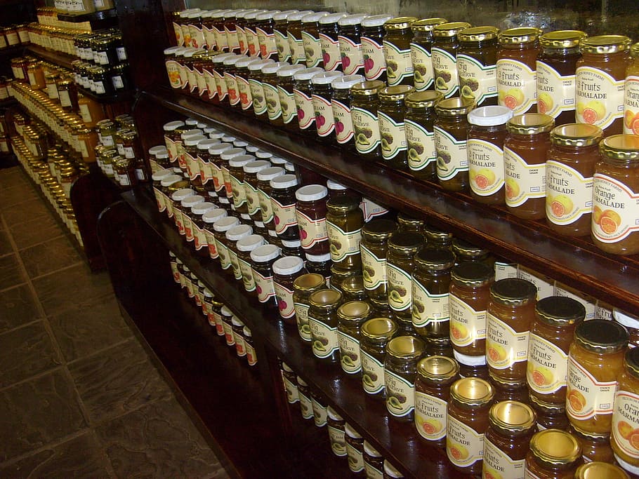 labeled bottle jar in shelf, jam, preserves, display, country store HD wallpaper
