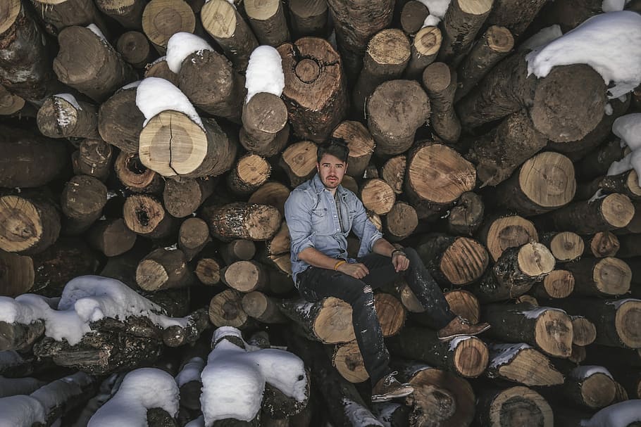 man sitting on wood log, lumber, lumber yard, winter, model HD wallpaper
