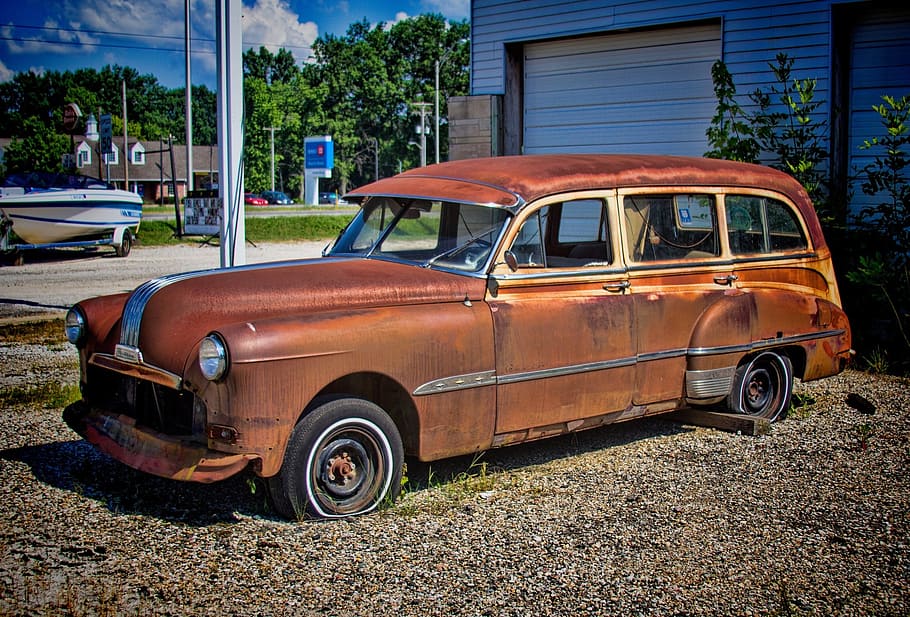 classic brown station wagon during daytime, car, rusty, rusted