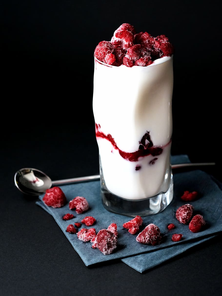 milk shake with raspberries toppings, glass, drinks, beverage
