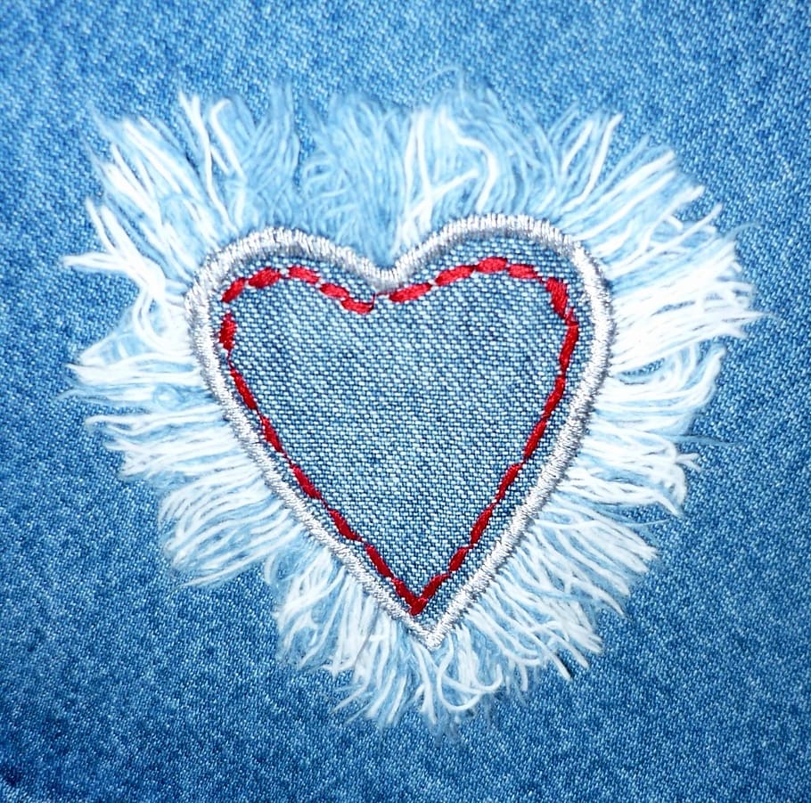 blue denim heart patch, jeans, fabric, love, design, textile, HD wallpaper