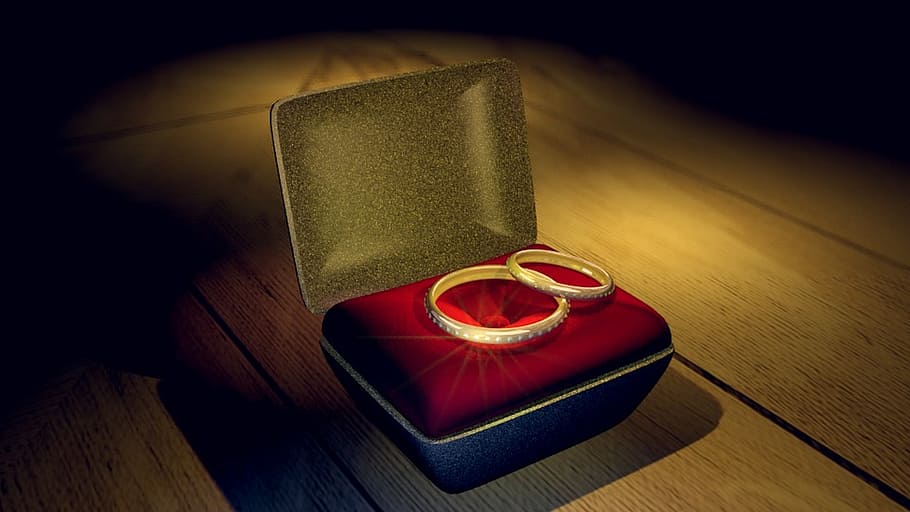 rings, velvet, 3d, red, positive emotion, wood - material, love HD wallpaper