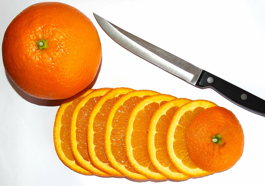 fruit, orange, discs, knife, kitchen, fruity, color, cut, food HD wallpaper