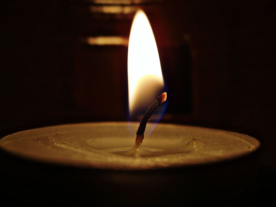 white tealight candle, fire, flame, wax, burning, flames, yellow HD wallpaper