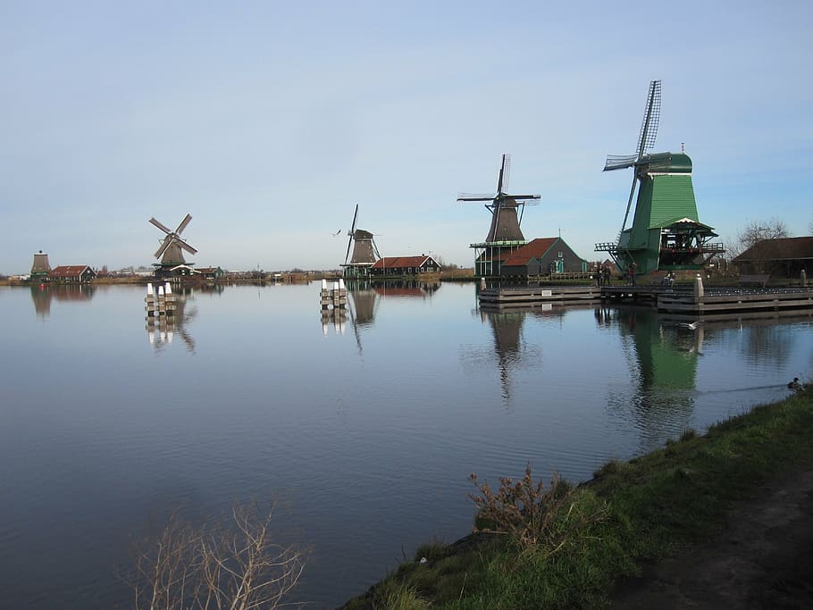 zaandam, mills, zaanse schans, view, landscape, water, wind power