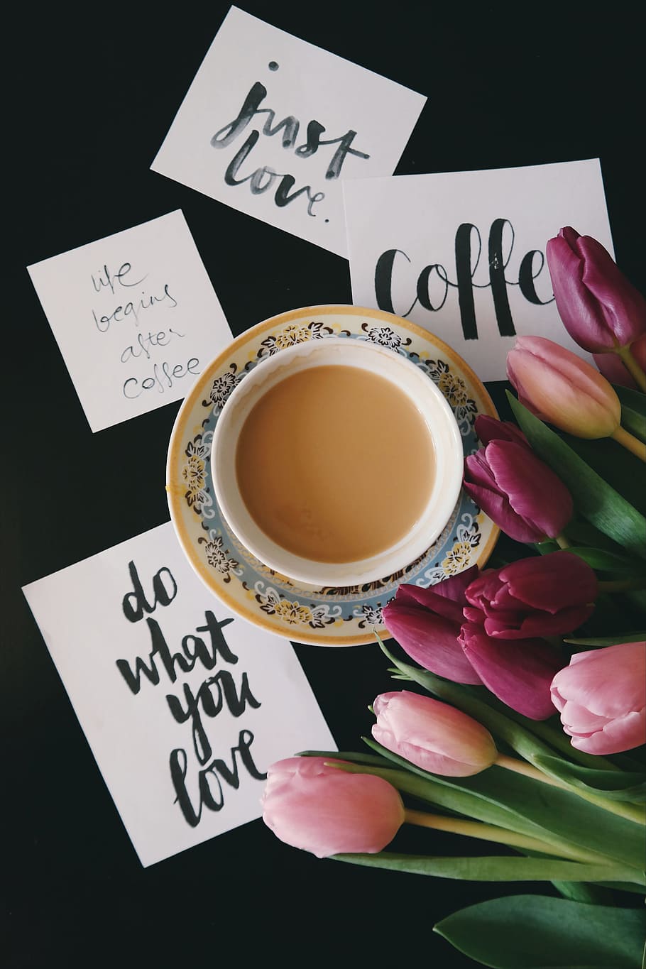 coffee, cup, mug, flowers, background, black, brown, cards, close-up HD wallpaper