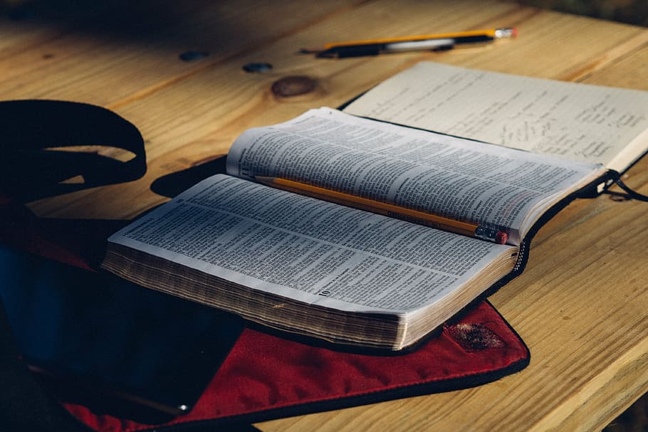 yellow pencil on white book, bible, page, top, wooden, table HD wallpaper