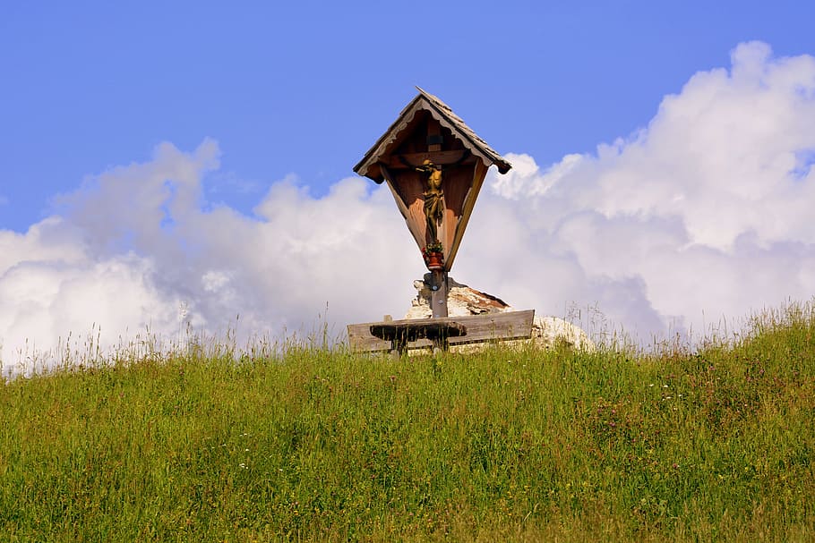 cross, prato, grass, sky, clouds, nature, cloud - sky, plant HD wallpaper