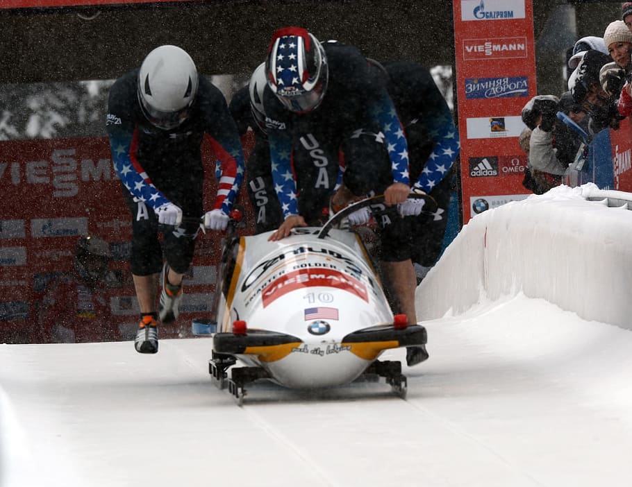 man playing bobsled, Competition, Team, pushing, snow, sport HD wallpaper