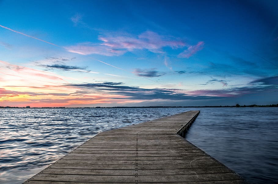 brown wooden foot bridge, pier, jetty, sunset, landscape, colorful HD wallpaper