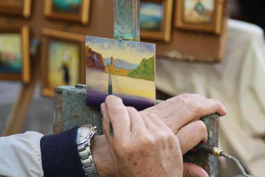 painter, the framework, art, glimpse, malcesine, arc, human hand HD wallpaper