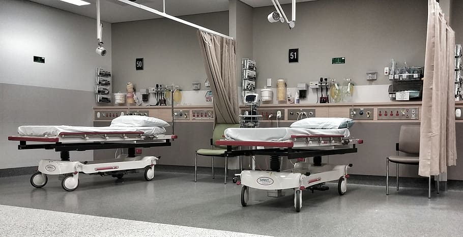 two white hospital beds inside medical room, a e, emergency, hospital ward, HD wallpaper