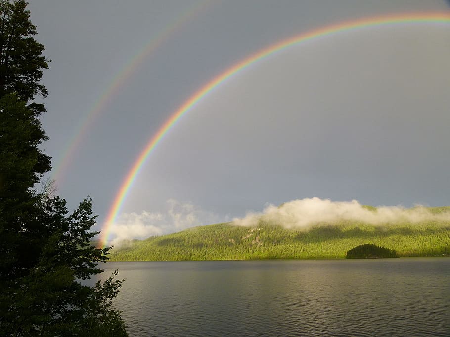 double, rainbow, thunderstorm, canim lake, british columbia HD wallpaper