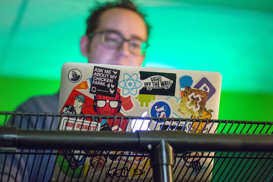 ask me about my chicken farm sticker on silver MacBook on gray metal grill HD wallpaper