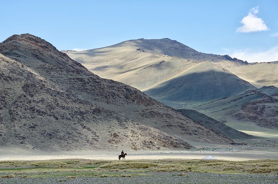 horseback beside mountain, mongolia, mountains, summer, rider HD wallpaper