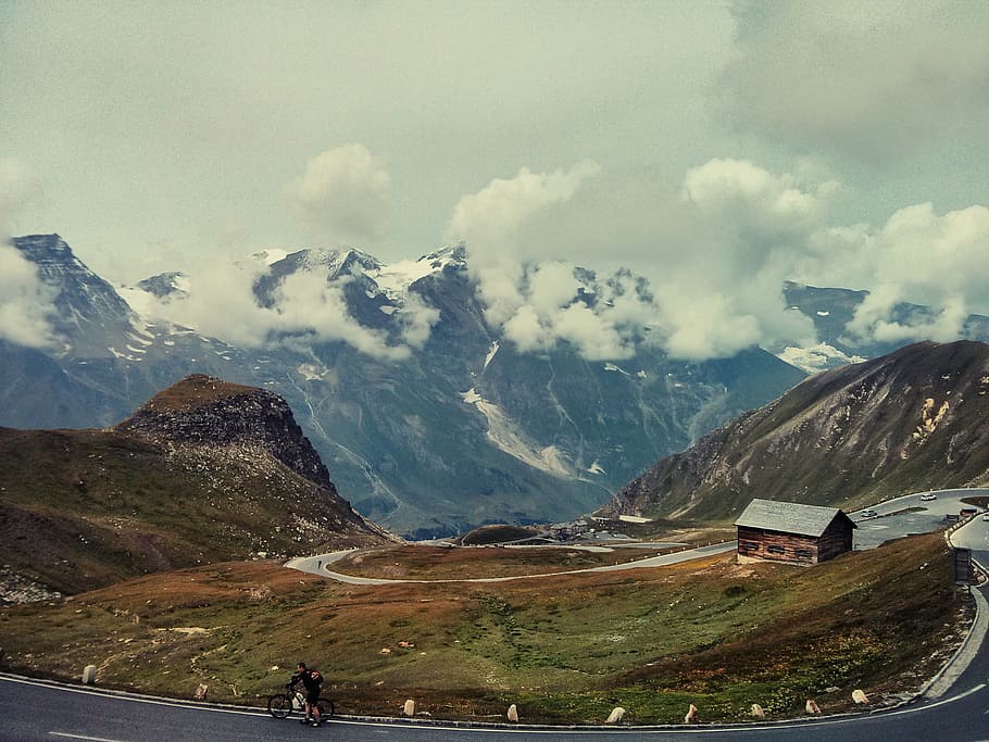 road, mountains, clouds, street, alps, austria, bend, curves HD wallpaper