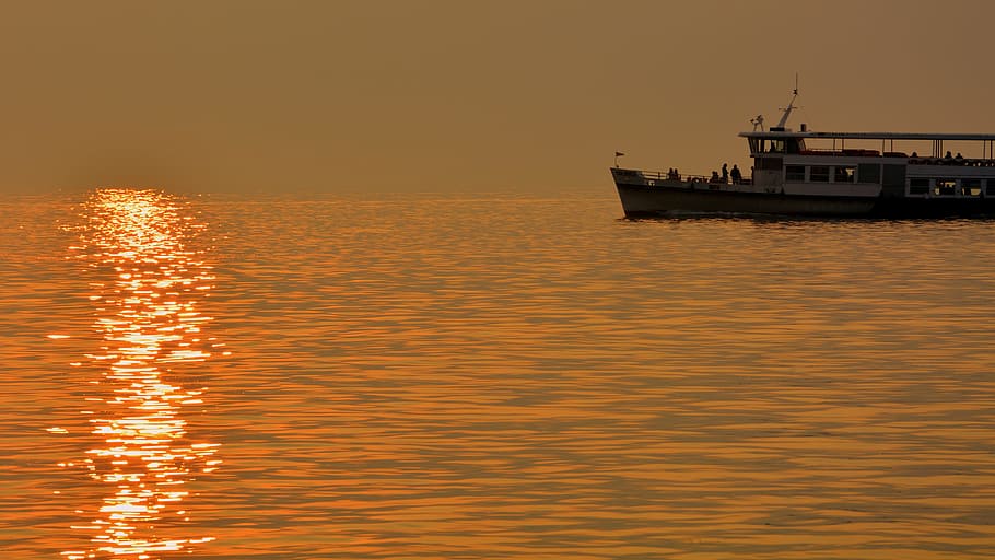 boat, lake, sunset, reflection, water, speedboat, nautical vessel HD wallpaper