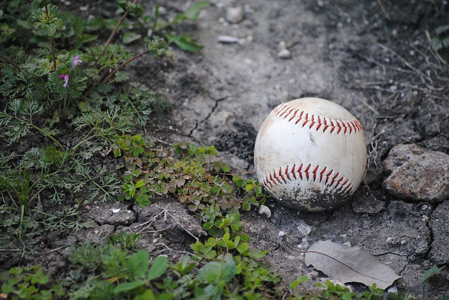 white baseball ball on gray soil, fallen, accessory, collage HD wallpaper
