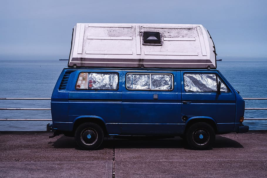 blue van with container on roof, blue van, Camper, Numero Uno HD wallpaper