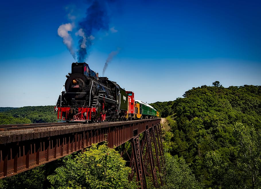 photo of black and white steam train on brown metal bridge taken at daytime, HD wallpaper