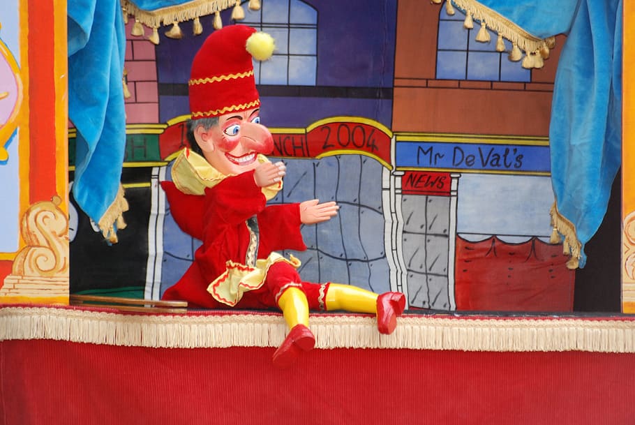 puppet on puppet stage, punchinello, clown, fun, punch and judy show, HD wallpaper