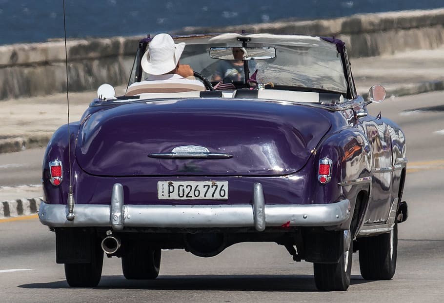 cuba, havana, car, classic, almendron, malecon, purple, mode of transportation, HD wallpaper