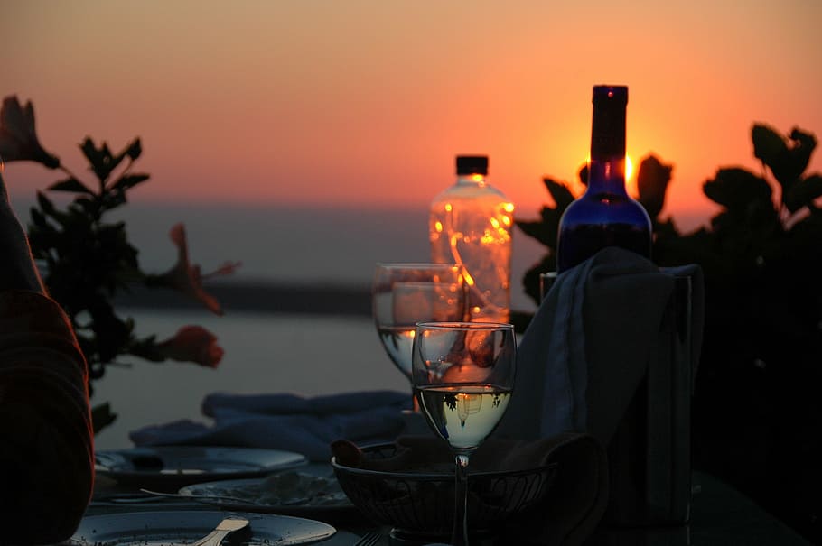 blue glass bottle near wine glass during sun set, romance, evening, HD wallpaper