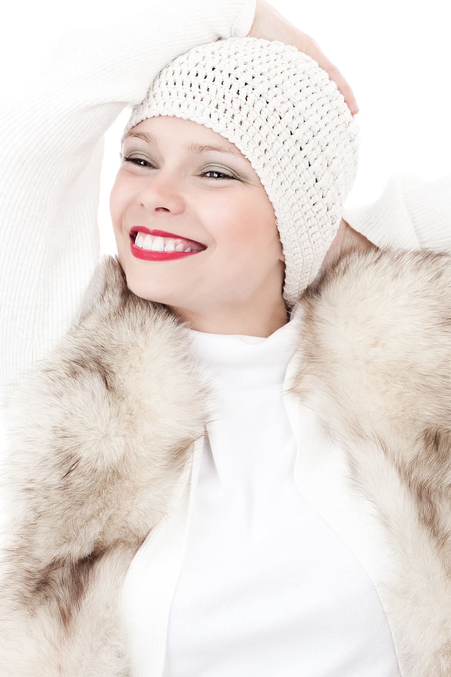 smiling woman wearing red lipstick holding head, beauty, cold HD wallpaper
