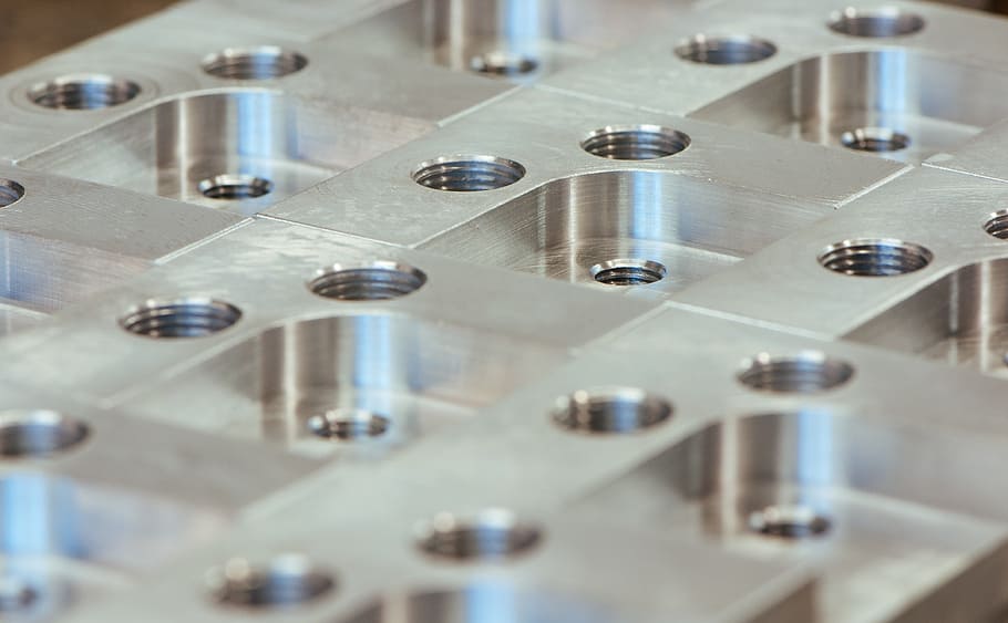 close-up photo of metal part with bolt holes, threads, closeup HD wallpaper