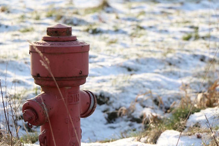hydrant, red, distributor, connection, water, winter, fire hydrant HD wallpaper