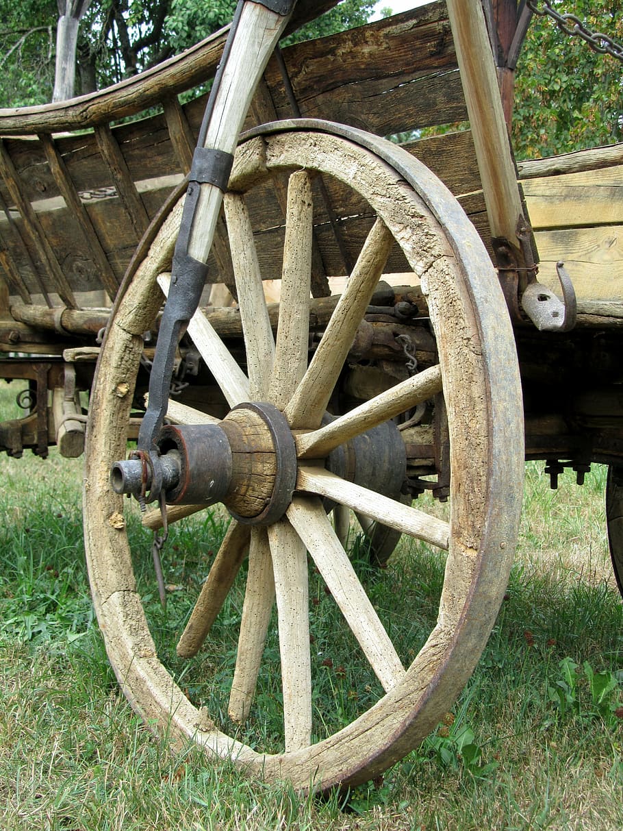 wagon wheel representing, tire, field, wood - material, land HD wallpaper