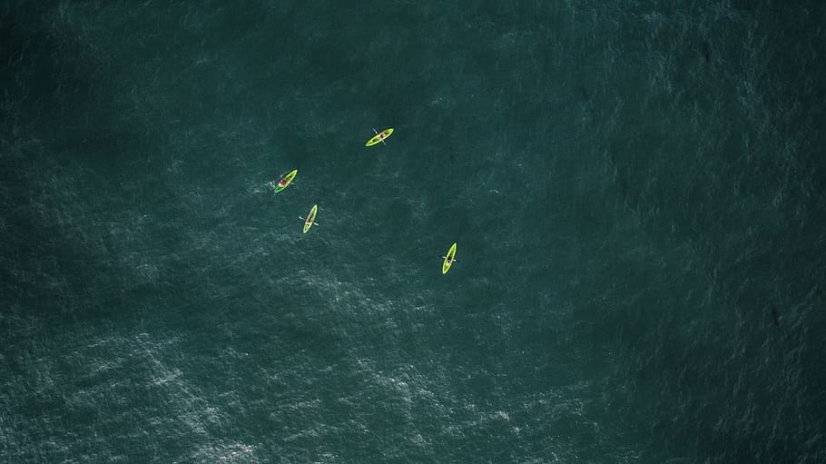 aerial photography of four green kayaks, aerial photography of four boats, HD wallpaper