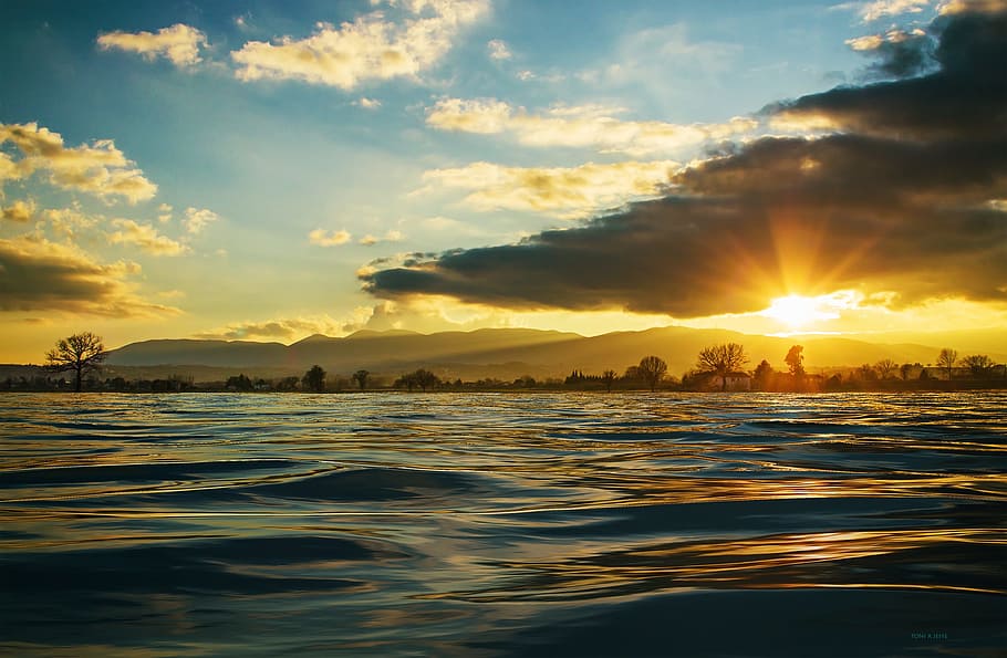 body of water under blue sky, sunset, waters, nature, cloud - sky HD wallpaper