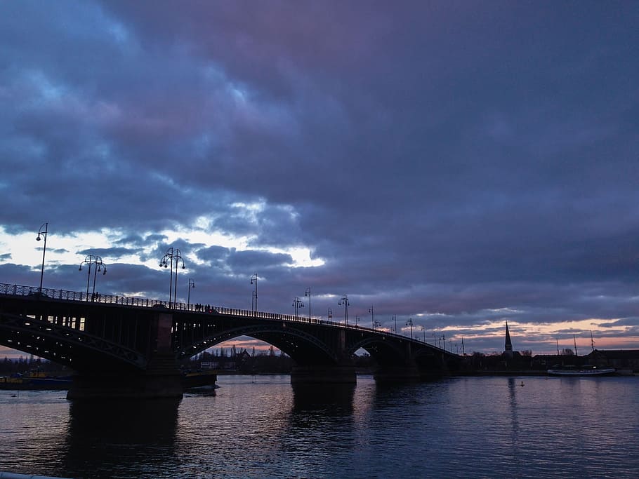 sunset, bridge, mainz, river, abendstimmung, water, evening sky HD wallpaper