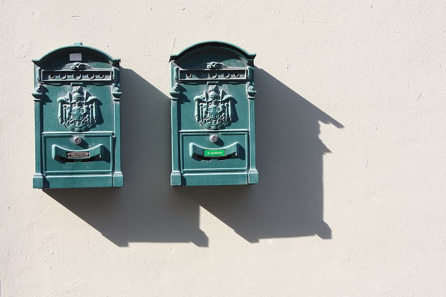 two teal cabinet hand on walkl, mail, letterbox, green, wall HD wallpaper