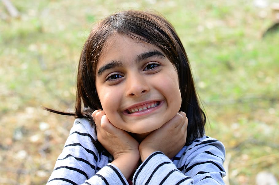 smiling girl holding her hair at daytime, child, game, children, HD wallpaper