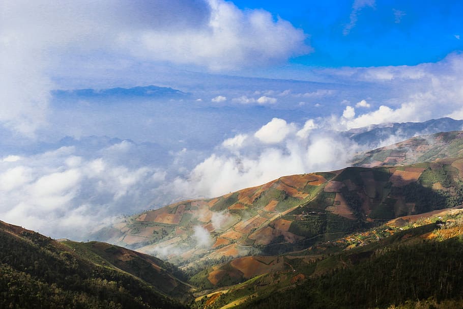 Nice View, Blue Sky, view from above, cloudy, mountain, scenics, HD wallpaper