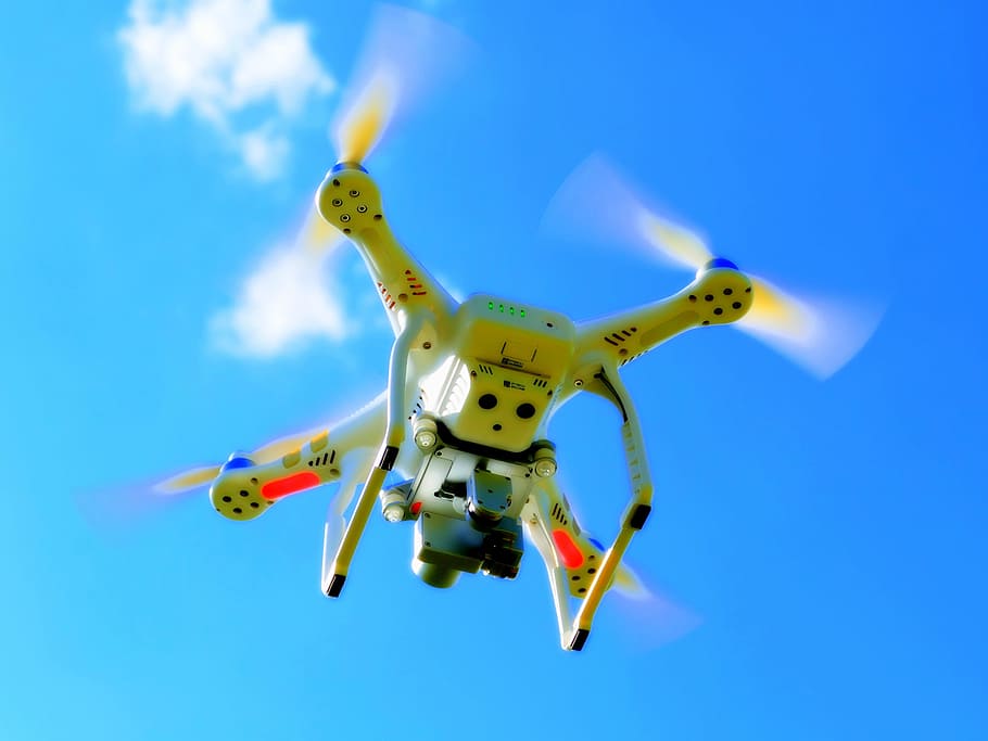 flying quadcopter drone, quadrocopter, flying machine, rotors HD wallpaper
