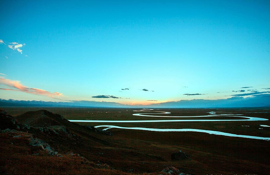 prairie, river, blue sky, nature, landscape, scenics, iceland HD wallpaper