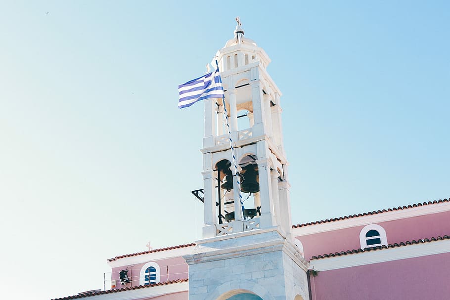 blue and white striped flag placed on white tower, low angle-view of tower with flag HD wallpaper