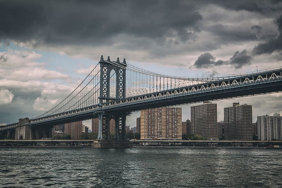 Wide-angle shot of the Manhattan Bridge in New York City, image captured with a Canon 5D, HD wallpaper