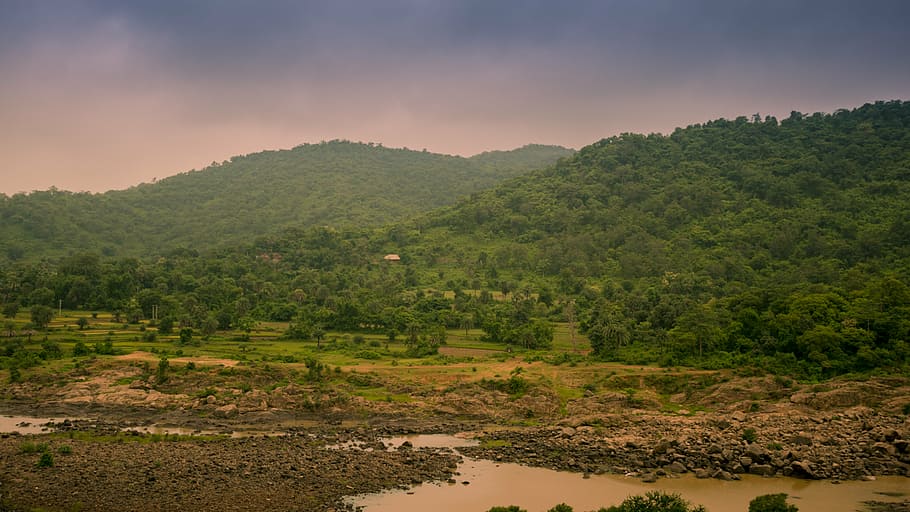 green, sky, tree, water, rock, mountain, hill, big, landscape HD wallpaper