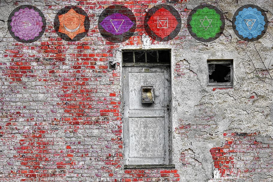 gray metal door and gray and red wall bricks at daytime, mandala HD wallpaper