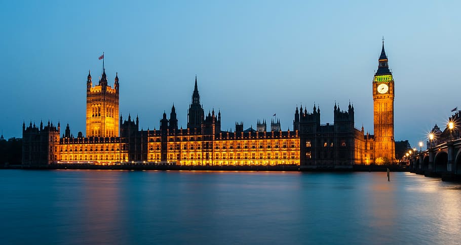 Big Ben Tower under blue sky, houses of parliament, london, parliament bridge, HD wallpaper