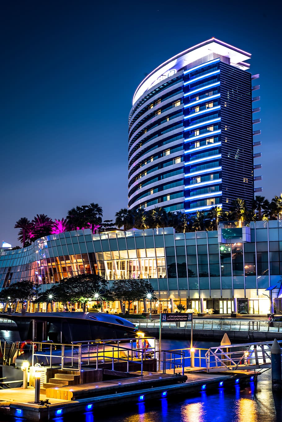 building, dock, lights, night, pier, architecture, building exterior HD wallpaper