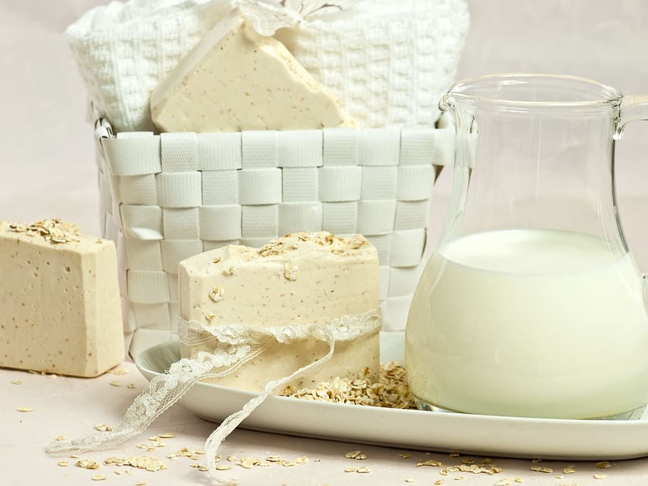 half filled milk on pitcher near cheese and basket, Oatmeal, Soap, HD wallpaper