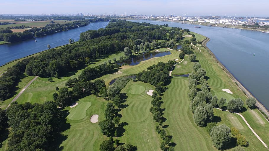 aerial view of golf course, grass, green, sports, golf ball HD wallpaper
